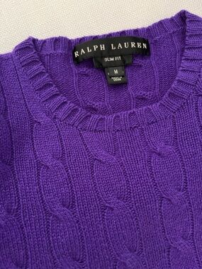 Ralph Lauren Size M 💯 Black Label Cashmere Cable Knit Slim Fit Sweater - Purple